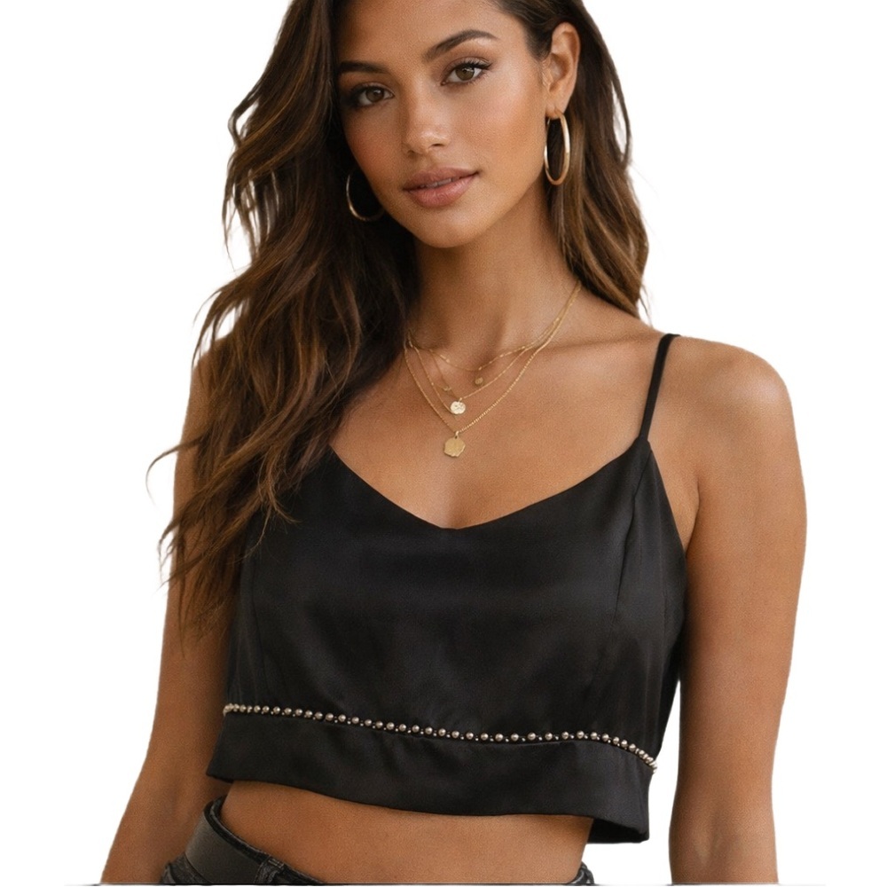 House of Harlow 1960 Black Satin V-Neck Studded Spaghetti Strap Crop Top
